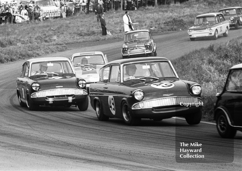 Nick Brittan, Superspeed Ford Anglia, leading John Fitzpatrick, Broadspeed Ford Anglia and Alan Peer, East Anglian Racing Ford Anglia, Oulton Park Gold Cup meeting, 1967.