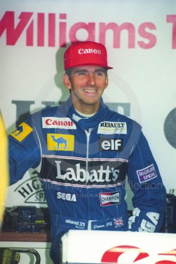 Damon Hill, in the Williams pit garage at Silverstone for the 1993 British Grand Prix.
