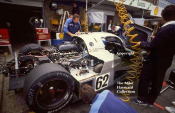 Mechanics work on the Sauber Mercedes C9/88 of Jean-Louis Schlesser and Jochen Mass, Wheatcroft Gold Cup, Donington Park, 1989.
