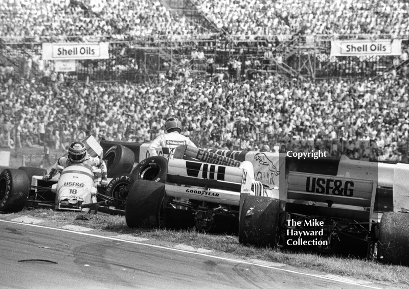 Christian Danner, Arrows A8; Jonathan Palmer, Zakspeed 861; and Thierry Boutsen, Arrows A8; after first lap accident, Brands Hatch, British Grand Prix 1986.