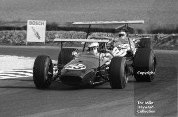 Bill Ivy, Paul Watson Race Organisation Brabham BT23C, followed by Malcolm Guthrie, Frank WIlliams Racing Brabham BT23C, Thruxton, Easter Monday 1969.
