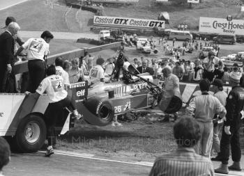 Jacques Laffite's Ligier JS27 after first lap accident, Brands Hatch, British Grand Prix 1986.
