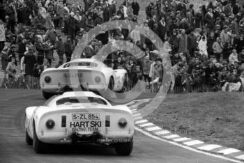 Rico Steinemann, Dieter Spoerry, Porsche 910 (S-ZL 854), follows Rudi Lins/Karl Foitek, Porsche 910 (S-ZL 852) at Clearways during the BOAC 500, Brands Hatch, 1968
