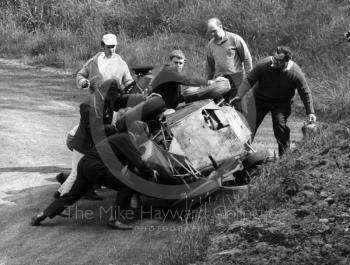 Marshals rush to the aid of John Creasey in his Lola at the Esses, Shelsley Walsh Hill Climb June 1967.