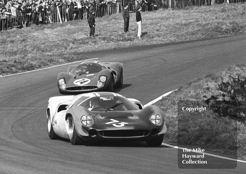 Brian Redman, Steering Wheel Club Lola T70, and David Piper, Ferrari P4, Oulton Park, Spring Cup 1968.