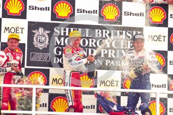 Race winner Kevin Schwantz, runner-up Wayne Rainey and in third place Mick Doohan, Donington Park, British Grand Prix 1991.