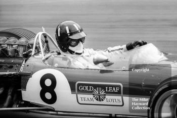 Graham Hill, Gold Leaf Team Lotus 49, at Druids Hairpin, Brands Hatch, 1968 British Grand Prix.

