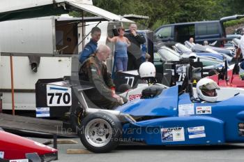 Drivers waiting in the paddock, Hagley and District Light Car Club meeting, Loton Park Hill Climb, August 2012.