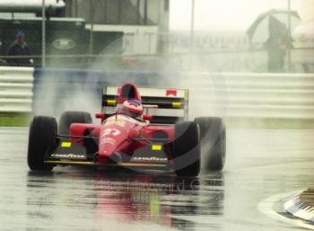 Jean Alesi, Ferrari F93A, seen during wet qualifying at Silverstone for the 1993 British Grand Prix.
