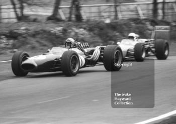 Jack Brabham, Brabham Repco BT20, leads Bob Anderson, Brabham Climax BT11, into Druids Hairpin, Brands Hatch, Race of Champions 1967.

