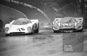 Hans Herrmann/Richard Attwood, Porsche 917, and Digby Martland/Charles Lucas, Chevron B16, followed by John Bamford, Peter Creasey, Chevron, B6, Brands Hatch BOAC 1000k 1970.
