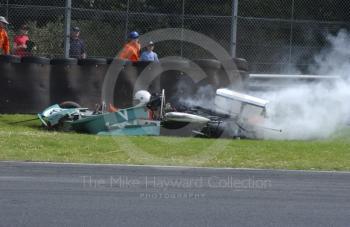 Tom Thornton, March 743, crashes at Old Hall Corner during the Derek Bell Trophy, Oulton Park Gold Cup meeting, 2002