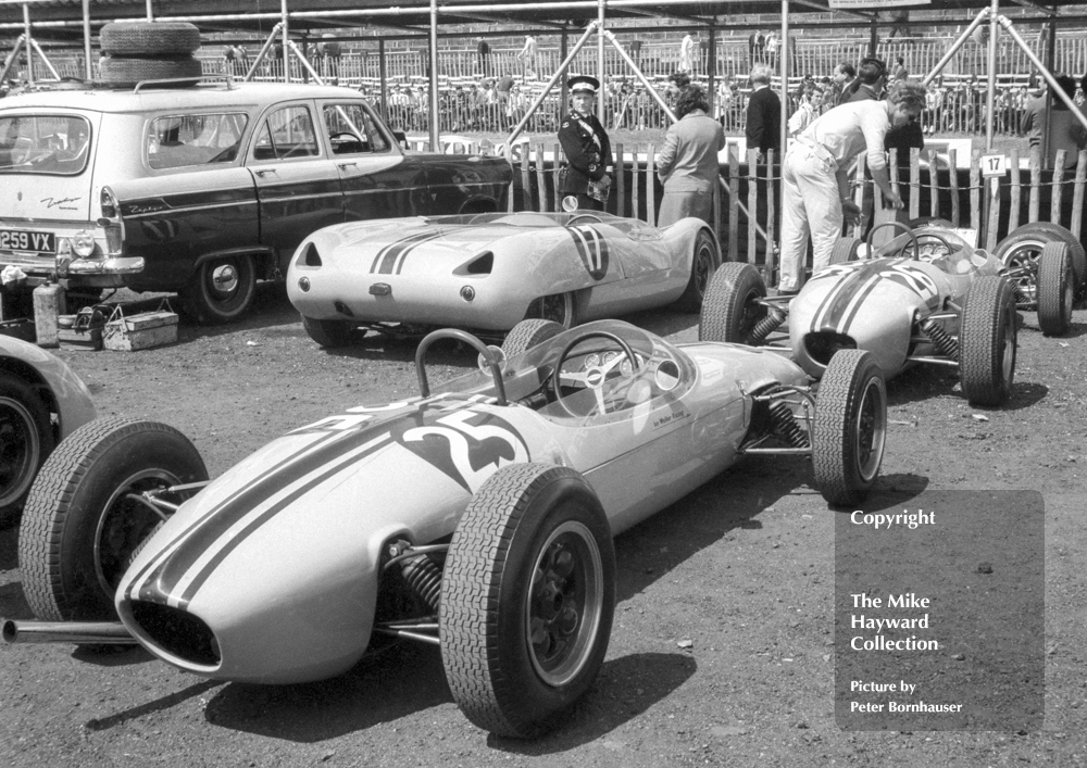 Ian Walker Racing FJ Brabham BT6's, Frank Gardner (25) and Paul Hawkins, 26 and the Lotus 23 of Paul Hawkins. Formula Junior Anerley Trophy, June 3 1963.