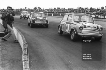 Steve Neal, Britax Mini Cooper Downton; John Rhodes, British Leyland Mini Cooper S; and John Handley, British Leyland Mini Cooper S; Silverstone, British Grand Prix meeting 1969.
