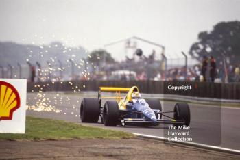 Jean Alesi sparking, Tyrrell 018, Cosworth V8, British Grand Prix, Silverstone, 1989.
