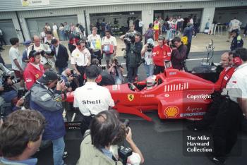 Michael Schumacher, Ferrari F310 in the pit lane, Silverstone, British Grand Prix 1996.
