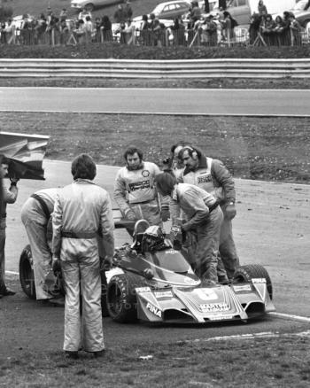 Carlos Pace, Martini Brabham Alfa Romeo BT45, retires from the race on lap eight with a fuel pump problem, Brands Hatch, Race of Champions, 1976.
