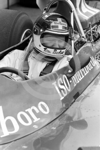 Tom Belso, Iso Marlboro FW, on the grid before the start of the 1974 British Grand Prix at Brands Hatch.
