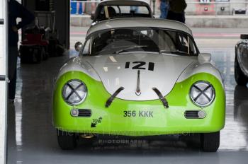 Porsche sports car in the pits, Silverstone Classic 2010