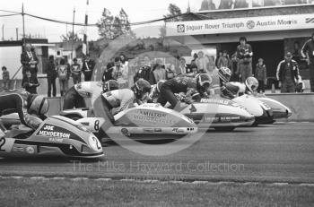 Trevor Ireson, Brian Webb, Mal White, Clive Stirrat, Gordon Nottingham  on the front row as sidecars leave the grid at Donington Park 1980.