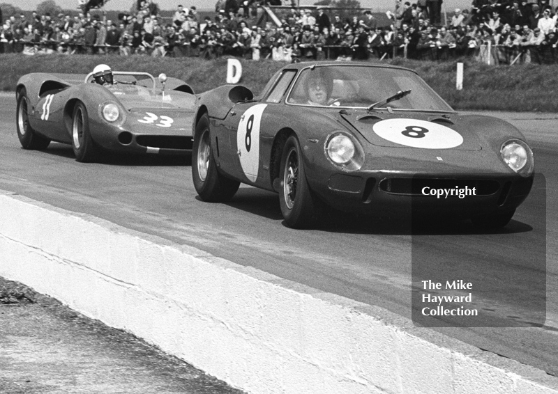 Peter Clarke, Ferrari 250LM, and Brian Redman, Red Rose Motors Lola, Silverstone International Trophy meeting 1966.