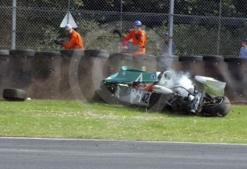 Tom Thornton, March 743, crashes at Old Hall Corner during the Derek Bell Trophy, Oulton Park Gold Cup meeting, 2002