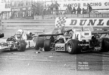 Accident at the chicane showing Hans Binder, March 752 BMW, and Alberto Colombo, March 752 BMW, Wella European Formula Two Championship, Thruxton, 1975

