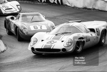 Frank Gardner, Steering Wheel Club of West Bromwich Lola T70 Mk 3 GT Chevrolet, and David Piper, Ferrari 250LM, Guards International Trophy Race, Mallory Park, 1968.
