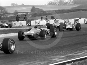Chris Lambert, London Racing Team Brabham BT23C, ahead of Jack Oliver, Lotus 48, Thruxton Easter Monday F2 International, 1968.
