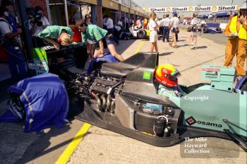 Mauricio Gugelmin, Leyton House CG901, in the pit lane at Silverstone, British Grand Prix 1990.
