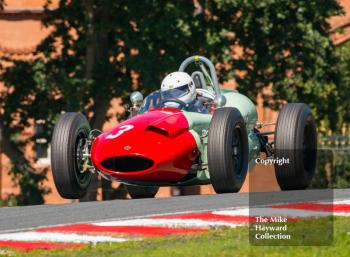 Barry Cannell, 1960 Cooper T51, lifts a wheel at Lodge Corner during the HGPCA race for Pre 1966 Grand Prix Cars, 2016 Gold Cup, Oulton Park.
