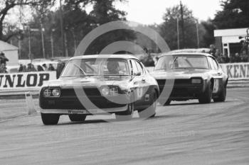 Brian Muir, Wiggins Teape Ford Capri V6, and Mick Hill, Tricentrol Ford Boss Capri, saloon car race, Super Sports 200 meeting, Silverstone, 1972.
