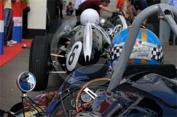 Rod Jolley, 1958 Cooper T45, amid the queue in the paddock prior to the HGPCA pre-1966 Grand Prix Cars Race, Silverstone Classic 2009.
