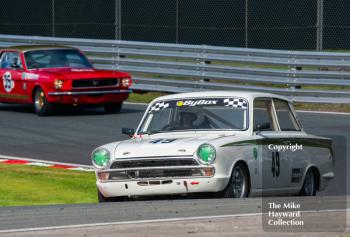 Peter Hore, Lotus Cortina, Mark Burton, Ford Mustang, HSCC Historic Touring Cars Race, 2016 Gold Cup, Oulton Park.
