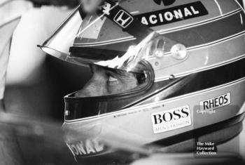 Monochrome study of Ayrton Senna in he pits, McLaren Honda MP4/5B, Silverstone, British Grand Prix 1990.
