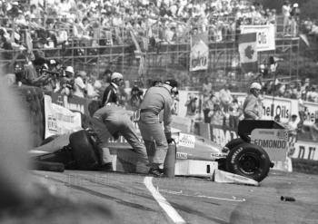 Allen Berg's Osella FA1H after first lap accident, Brands Hatch, British Grand Prix 1986.
