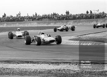 Henri Pescarolo, Matra MS7, ahead of John Cardwell, Bob Gerard Merlyn Mk 12, Jack Oliver, Lotus 48, and Alan Rees, Brabham BT23C, Thruxton Easter Monday F2 International, 1968.
