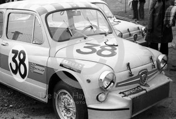 SRT Holland Fiat Abarth 1000 Berlinas of Toine Hezemans (TO997927) and AB Goedemans in the paddock at Thruxton, Easter Monday meeting 1968.
