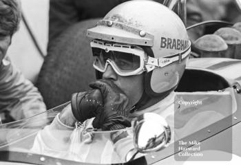 Jack Brabham, Brabham BT33, on the grid before the Race of Champions, Brands Hatch, 1970.
