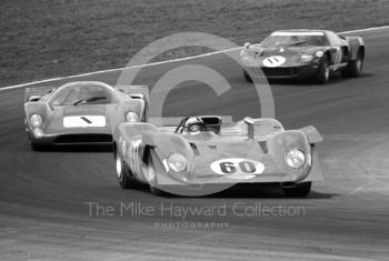 Pedro Rodriguez, Ferrari 312, Paul Hawkins/Jonathan Williams, Lola T70, and Jose Juncadella/Gordon Spice, Ford GT40, Brands Hatch, BOAC 500 1969.
