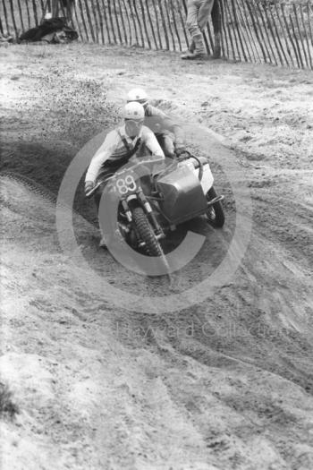 Sidecar kicks up sand, 1966 motocross meeting, Hawkstone. 