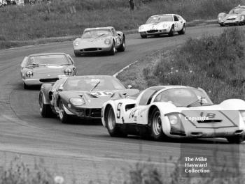 Bill Bradley, Porsche 906; David Prophet, Ford GT40; John Miles, Gold Leaf Lotus 47; John Lepp, Chevron B8; and Trevor Taylor; Team Elite Lotus 47, Oulton Park, Tourist Trophy 1968.
