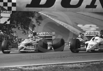 Nigel Mansell, Williams Honda; Nelson Piquet, Williams Honda; and Philippe Streiff, Tyrrell 015, Brands Hatch, British Grand Prix 1986.
