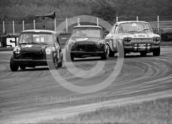 C Buckton, Mini Cooper S; Richard Longman, JanSpeed Enginering Mini Cooper S; and Alan Peer, Dagenham Motors Ford Escort; invitation race, Silverstone Martini International Trophy 1968.
