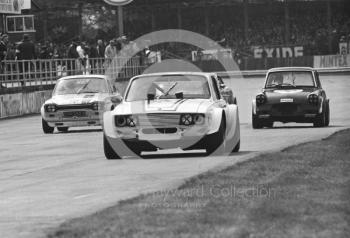 Martin Kent, Sunbeam Rapier Chevrolet, Teddy Savory, Broadspeed Escort GT (EVX 256 H), and Tony Mann, Ford Anglia, saloon car race, Super Sports 200 meeting, Silverstone, 1972.
