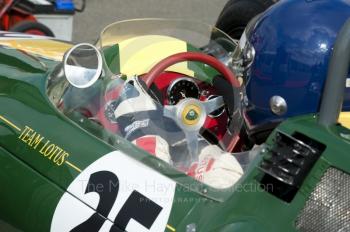 Andy Middlehurst, Lotus 25, in the paddock before the HGPCA pre-66 Grand Prix cars event at Silverstone Classic 2010