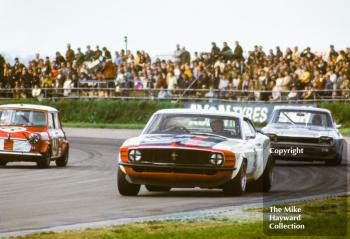Dennis Leech, Castrol Ford Mustang, with peter Baldwin, Mini Cooper, and Gery Birrell, Ford, Capri, GKN Transmissions Trophy, International Trophy meeting, Silverstone, 1971.
