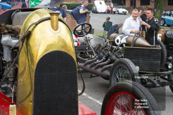 Mike Walker's 1905 Darracq land speed record car parked next to the Beast of Turin, Chateau Impney Hill Climb 2015.
