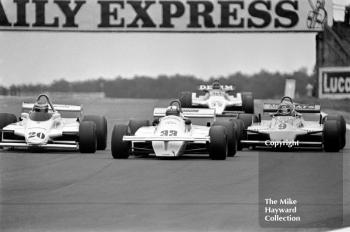 Keke Rosberg, Fittipaldi F8C, Marc Surer, Theodore TY01, Slim Borgudd, ATS D5 and Jean-Pierre Jarier, Osella FA1B, Silverstone, 1981 British Grand Prix.
