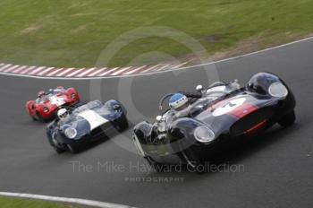 Ted Williams, 1959 Cooper T49 Monaco, leads Julian Bronson, 1959 Lister Corvette, and John Harper, 1959 Cooper Monaco, BRDC Historic Sports Car Championship Race, Oulton Park Gold Cup meeting 2004.